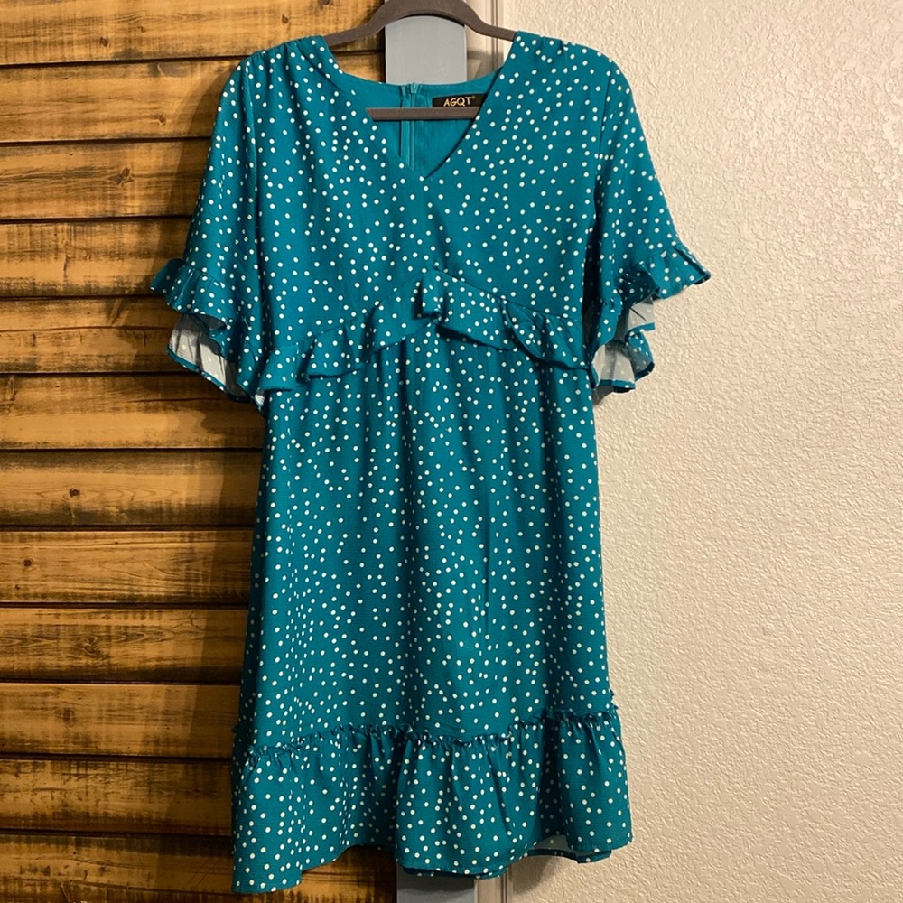 AGQT polka dot turquoise mini dress